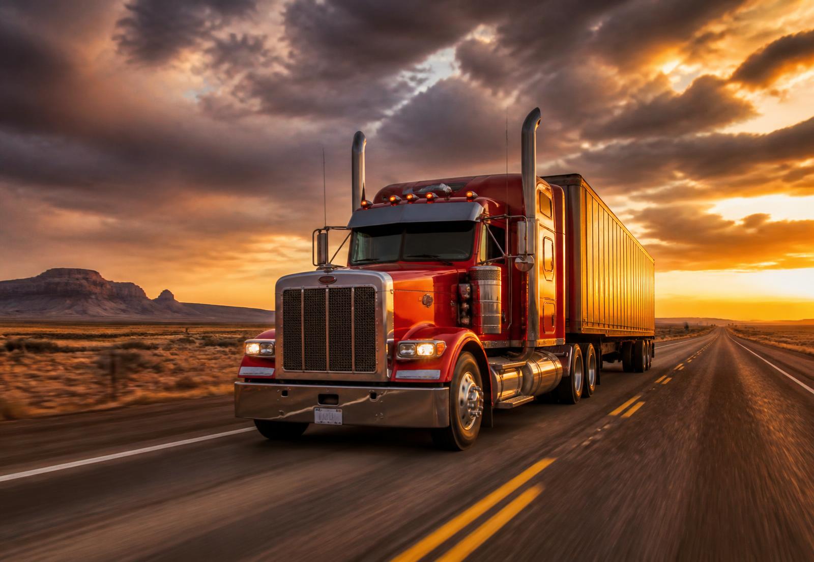 Semi truck driving down an open highway at sunset